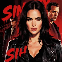 dream of a film still from sin city, closeup portrait of film noir megan fox private detective, detailed illustration, digital art, trending on artstation, frank miller, martin ansin, movie poster, dripping paint, red on black, graffiti, gta v,