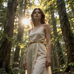 hyperrealistic mithra as a woman standing in a forest sun behind him concept art eric zener elson peter cinematic side soft yellow light low angle hd 8k sharp shallow depth of field