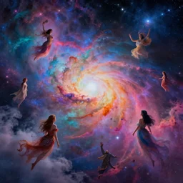 psychadelic spirits flying around in space, among colorful vibrant nebulas, bright stars, misty clouds, extremely detailed, beautiful, masterpiece