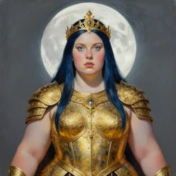 painting of junoesque plus size nordic priestess of the moon, golden filigree armor and tiara, moon above head, dark blue straight hair, smooth translucent skin, wide striking eyes, beautiful! coherent! by brom, by brian froud, strong line, high contrast, muted color, 4 k, trending on artstation