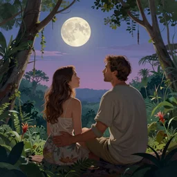 a man lovingly sitting next to a woman in the jungle, holding each other while starring at the moon in the sky, beautiful colors, art by christophe vacher