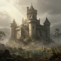 small poor medieval castle, mist, sunrays, dust in the air, dnd character, unreal engine, octane render, dramatic lighting, pond, digital art, by stanley artgerm lau, greg rutkowski, thomas kindkade, alphonse mucha, loish, norman rockwell,
