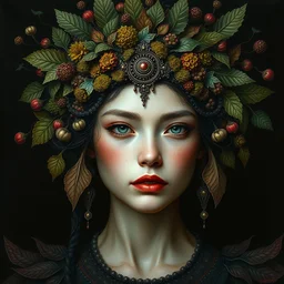 a portrait of beautiful girl by irakli nadar with intricate detailed color smashing fluid oil paint and acrylic, ornate, moss and leaves headdress, ruan jia, dark fantasy, hyper detailed, concept art, by gustav klimt, by sue bryce, moody lighting, black background