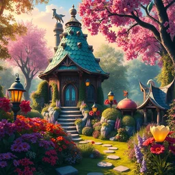 photo of garden whimsical fairy wonderland vibrant colors candyland wonderland by artgerm and greg rutkowski and magali villeneuv art beeple, by thomas kinkade hearstone league of legends dofus beatrix potter