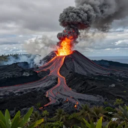 landscape photo by marc adamus, a volcano erupting lava, fire and ash on a tropical island, incredible detail