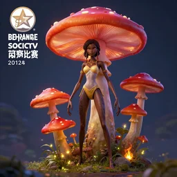 a dark skinned anthro mushroom woman with long arms and long legs, fireflies, vivid colours, ultra realistic,, cg society contest winner, behance contest winner, artstation, 4 k uhd art, unreal engine 5