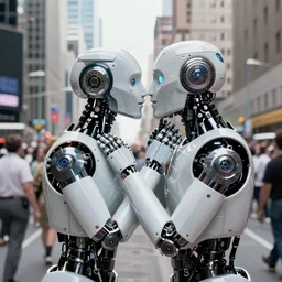 two robot kiss, v - j day in times squar, color photos, hd photos, cyberpunk, by alfred eisenstaedt, hd photos