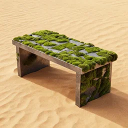 table made of rectangle tetris, made of steel and moss, octane render, trending on artstation, on hard desert sand floor