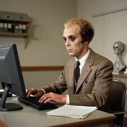an alien wearing a suit working a desk job at Area 51 in 1960s, archive photograph