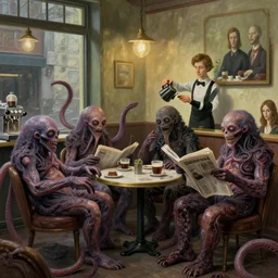 hideous terrifying ghastly foul cronenberg monsters relaxing at a cafe. some of the monsters have tentacles. tentacles, and a steaming espresso machine. ( a waiter is pouring coffee. one monster is reading a newspaper. painting by edward hopper, grant wood, rene magritte, cinematography by robby muller, 3 d rendering by beeple, 8 k, comfy wretched mutants )