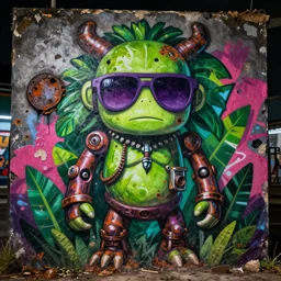 jungle golem, graffiti on the wall, shades of purple, green, fuchsia, dirty colours, night, rotten textures, rusty shapes, biotechnology, banksy, david lozano, norman rockwell, tim hildebrandt, wayne barlow, bruce pennington, larry elmore, spray on wall, deep depth field, masterpiece, cinematic composition, hyper - detailed, hd, hdr