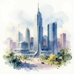 watercolor mockup of modern future city, quick aquarelle painting