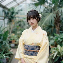 Medium format photograph of an perfect woman wearing a yellow kimono in a tropical greenhouse, bokeh