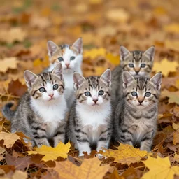 adorable kittens sitting in a pile of autumn leaves