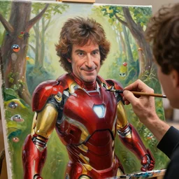 a closeup photorealistic photograph of bob ross working on a canvas painting of iron man surrounded by happy trees. film still. this 4 k hd image is trending on artstation, featured on behance, well - rendered, extra crisp, features intricate detail, epic composition and the style of unreal engine.