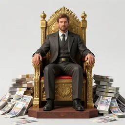 a man sitting on a throne with piles of ruble beside the throne, 8 k, high detail, trending on artstation
