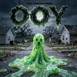 a horror movie poster for the ooze, a being of green ghostly viscous slime making its way through abandoned midnight suburban streets, inevitable doom, concept art, goosebumbs novel cover, wisp lights, rhads,
