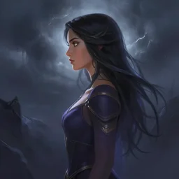 side profile centered painted portrait, Maya Ali as a storm sorcerer, Gloomhaven, matte painting concept art, beautifully backlit, specular lighting, official fanart, pretty, beautiful, elegant, 4k, HDR, Trending on artstation, Behance, by Jesper Ejsing and RHADS and Makoto Shinkai and Lois van baarle and ilya kuvshinov and rossdraws and Cushart Krentz and Gilleard James