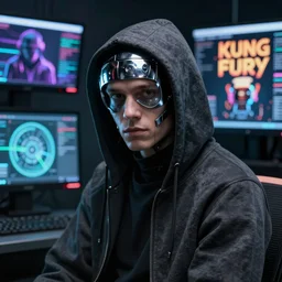 a Portrait of a hacker, by Mr Robot, by Ready Player One, by Kung Fury, computer screens in the background, dark, dramatic, realistic studio lighting, realistic reflections, 4k, professional, canon