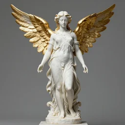 a statue made of white marble with and gold of a beautiful blonde angel girl, full body shot, perfect symmetrical body, perfect symmetrical face, hyper realistic, hyper detailed, by johannen voss, by peter kemp, by monia merlo, by michelangelo, octane render, blender, 8 k