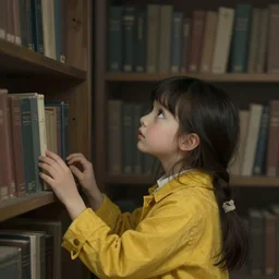 a small girl in a yellow coat,looking up at a shelf of books,realistic,digital art,art by greg rutkowski,eerie