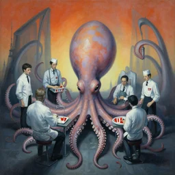 painting of inside of a kfc ran by octopi, otherworldly employees, by zdzislaw beksinski, by dariusz zawadzki, by john jude palencar, gothic, surrealism, cold hue's, warm tone gradient background, concept art, beautiful composition