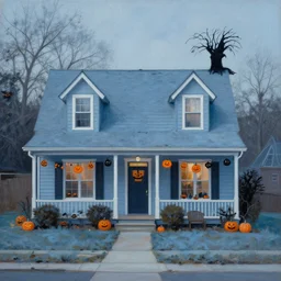 halloween decorations, a small suburban house, dusty blue. beautiful painting by artgerm and greg rutkowski