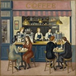 painting of a busy coffee shop, by leonora carrington,