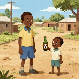 award winning julia donaldson and rebecca guay style illustration drawing of a friendly south african boy and is little brother who holds a hazardous bottle, in a sunny african urban township environment in the 1 9 9 0's.