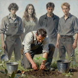 a mixed media portrait painting of a gardener planting a seedling, minimalist, by frank frazetta, greg rutkowski, beeple, yoko taro, christian macnevin, beeple, wlop and krenz cushart, epic fantasy character art, high fantasy, cgsociety, full length, exquisite detail, post - processing, masterpiece, cinematic