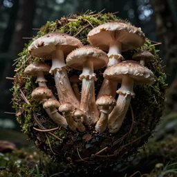 very close macro photo of mushroom growing in a spheroid forest, 3d render, dim nightlight Study, by Jan Davidsz de Heem and ruan jia, 8k, extreme detail, sharp focus, cinema 4d render