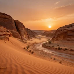 photorealistic art of a sandstone desert, vibrant colors, trending on art station, ultra realistic detail, sandstorms, orange sunset, dried riverbed