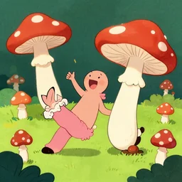 anamorphic cartoon mushrooms dancing and having fun
