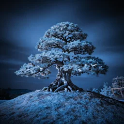 award winning infrared long exposure photography by andy lee, blue filter, strange shaped bonsai tree on a hill, symmetrical, dramatic lighting, wide angle lens, long exposure photography