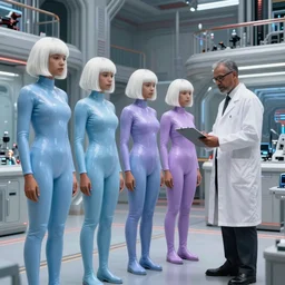 troop jack black clones with white bob hairdos, tight light blue and lavender neopren suits, standing next to tall scientist looking at a clipboard, futuristic cloning facility, sci - fi, highly detailed, cinematic