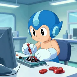 roll ( from mega man ) is repairing computers in dr. light's laboratory.