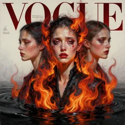 3 d, crying fashion model, flame, liquid black water, morning, vogue cover style, poster art, high detail, intricate oil painting, multiple exposure, hell mood, hyperrealism, 3 d, by tooth wu and wlop and beeple and greg rutkowski