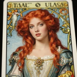 redhead woman, rococo and art nouveau, tarot card, highly detailed, deep focus, elegant, smooth, sharp focus, 8 k, artgerm, james jean