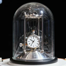 photo of a torsion pendulum clock in its glass dome on the international space station