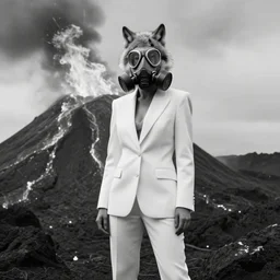 a wolf with white suit, she wear gasmask, in volcano, standing close to volcano, fire raining, professional photography, black and white, cinematic, eerie