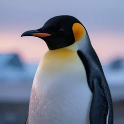 closeup portrait of a melancholy penguin, antarctic evening, art by rebecca guay