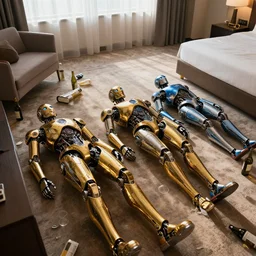 3 shiny golden and blue metallic futuristic integrate steampunk humanoid robots laying passed out in a hotel room with empty bottles and furniture all over the floor, pressphoto, dawn light, insanely detailed, 3 5 mm lens, wide shot