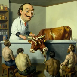 a butcher shop, a cow is the butcher, the cow is slaughtering the humans, painting, surrealism, by salvador dali