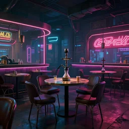 concept art of cyberpunk 2 0 7 7 hookah bar environment, few chairs, by marta leydy, neon, highly detailed, 8 k, hdr, studio, matte painting, environment, digital illustration, artstation