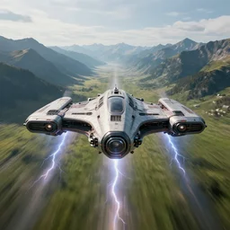 Symmetrical futuristic spaceship flying on supersonic speed above grassy valley with gorgeous mountain range in the background, view from above, cinematic, dramatic volumetric lightning, epic composition, 8K Ultra HD, high detail, Octane render