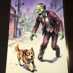 glossy old advertising poster of a zombie chasing a dog down a street, horror, drawn comic by junji ito, pastels, gradient,