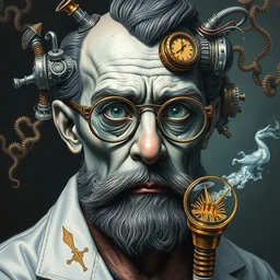 portrait mad scientist painted in jacek yerka style drawn by vania zouravliov and takato yamamoto, inspired by steampunk, intricate acrylic gouache painting, high detail, sharp high detail, artstation