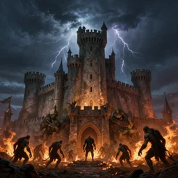 outside view of a medieval castle being surrounded by orcs, night sky, volumetric shadow, thunderstorm, painted by greg rutkowski, fire, extremely detailed, semirealism, artstation, octane render, sharpness, 8 k, golden ratio