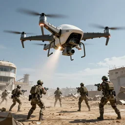 a futuristic army ready to engage, drone shot, daylight, raytracing, unreal engine, dramatic lighting, artstation, cinestill colour, anamorphic