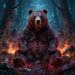 high resolution 4 k goru, blood, furry bears horror made in abyss design bizarre design body a field of cool colors shading war bloody war wounded country bears rock afire explosion billy bob sitting in a forest of the abyss eradication, pogrom, at war, art in the style of and oleg vdovenko and akihito tsukushi
